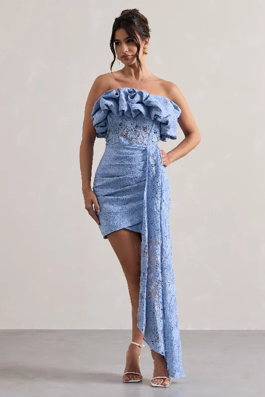 Neptune | Blue Lace Strapless Ruffled Mini Dress With Drape