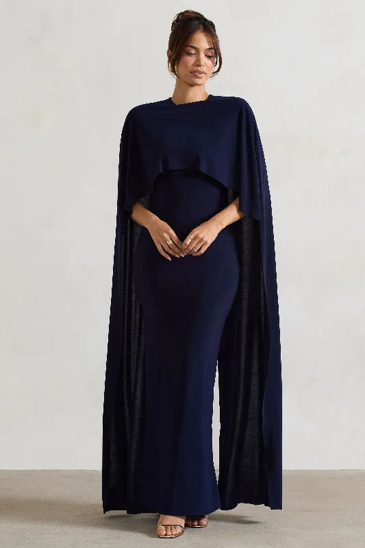 Padma | Navy Draped Maxi Dress With Cape Sleeves