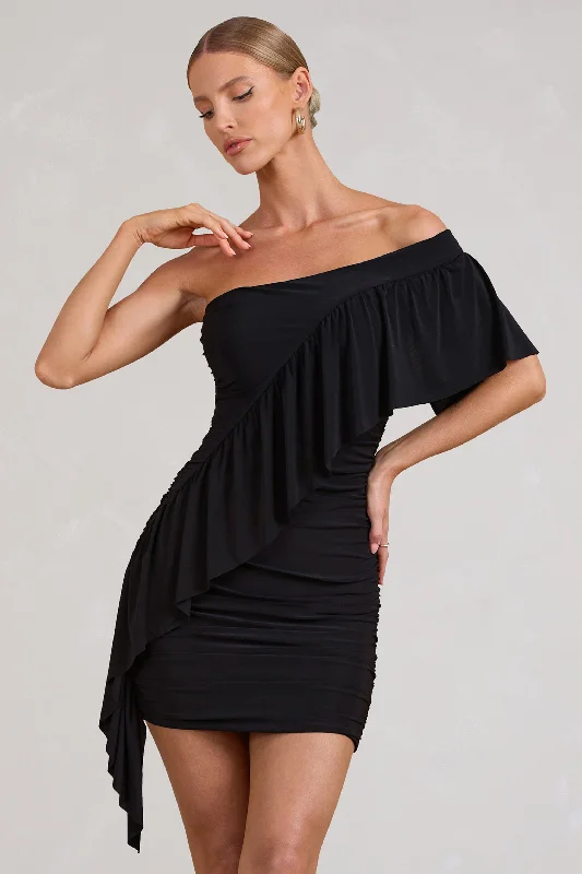 Parfait | Black Asymmetric Ruched Mini Dress With Statement Ruffles