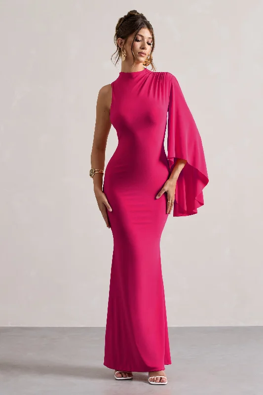 Samaya | Pink High-Neck Cape-Sleeve Maxi Dress