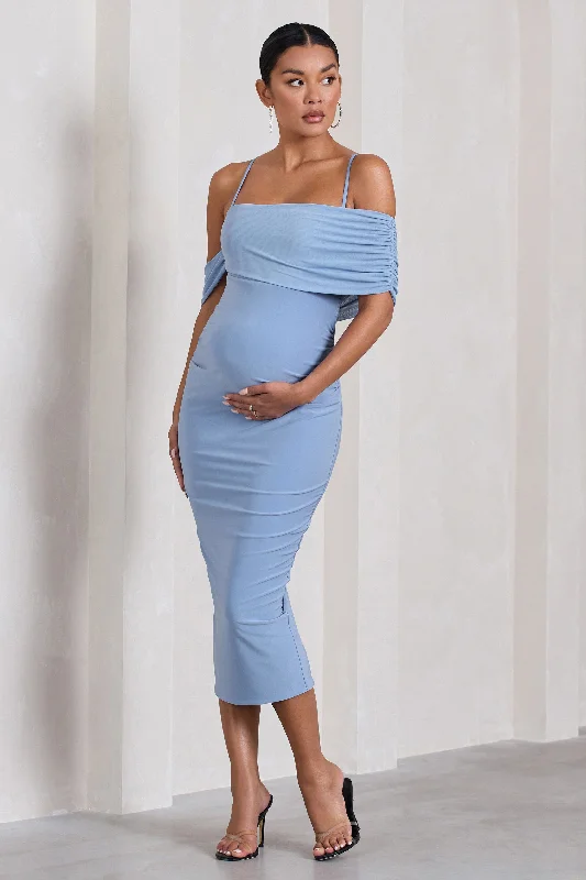 Shelby | Powder Blue Mesh Bardot Strappy Maternity Midi Dress