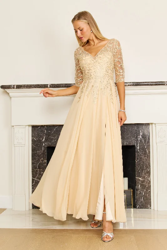 Dylan & Davids Long Sleeve Chiffon Formal Evening Dress Gold