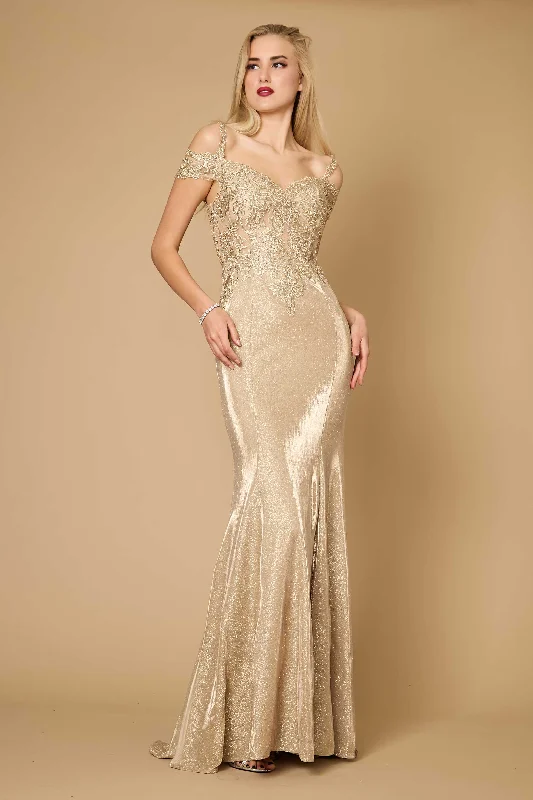 Dylan & Davids Long Off Shoulder Lace Formal Evening Dress Gold