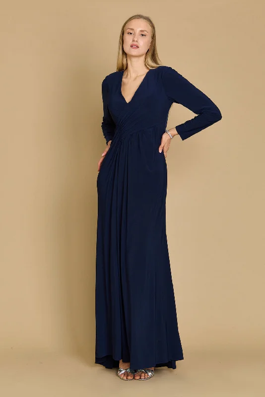 Long Formal Stretch Evening Long Sleeve Dress Navy