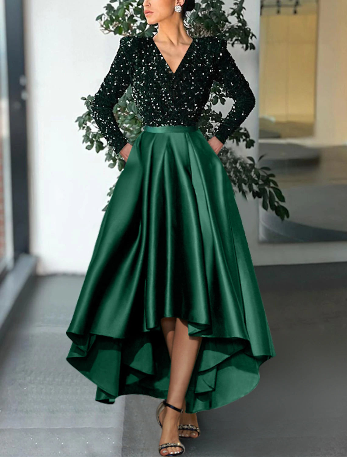 A-Line Cocktail Dresses Christmas Red Green Dress Formal Wedding Guest Tea Length Long Sleeve V Neck Sequined with Sequin