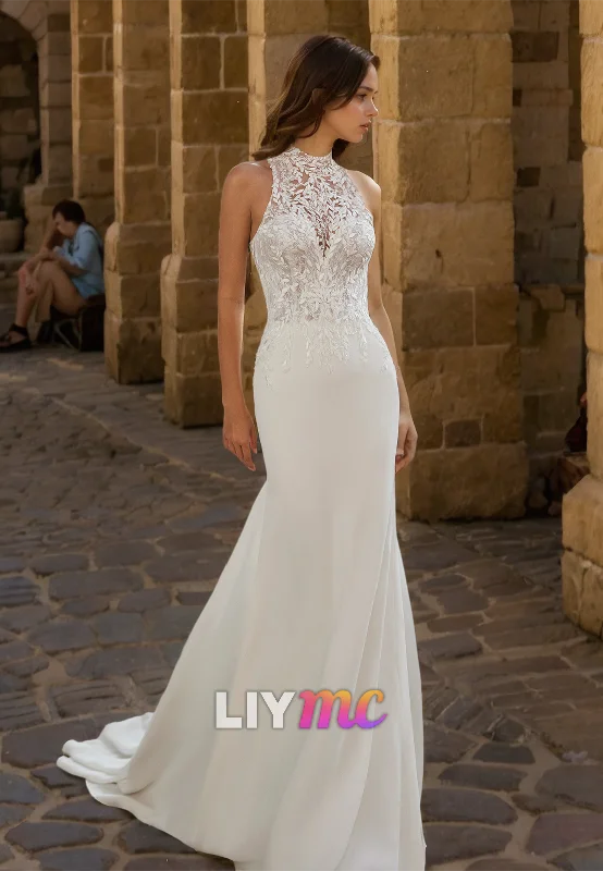 Halter Sleeveless Appliques Sleek Mermaid Wedding Dress