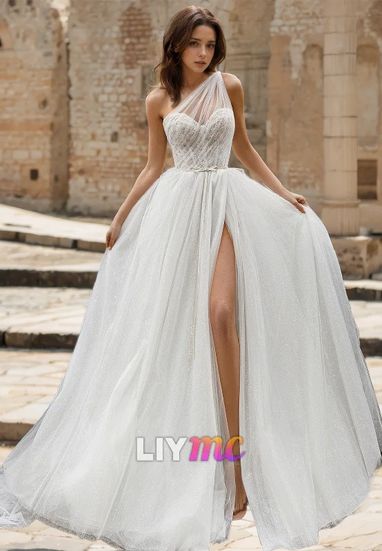 One Shoulder Sleeveless Pleated Tulle A-Line Wedding Dress