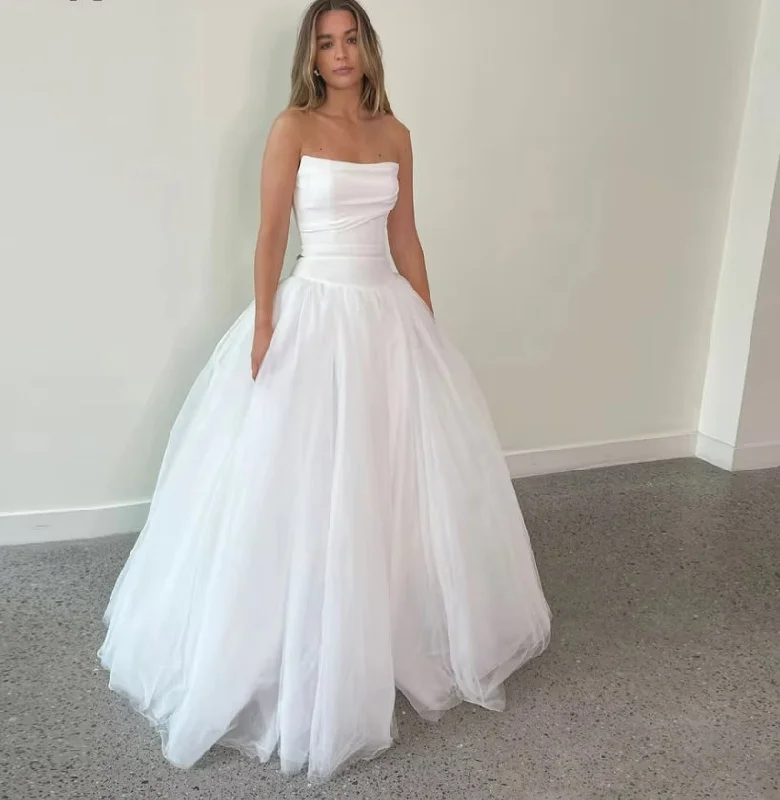 Elegant Tulle A Line Wedding Dresses For Woman 2024 Strapless Sleeveless Bridal Bride Robe Dress Gowns Vestidos De Novia