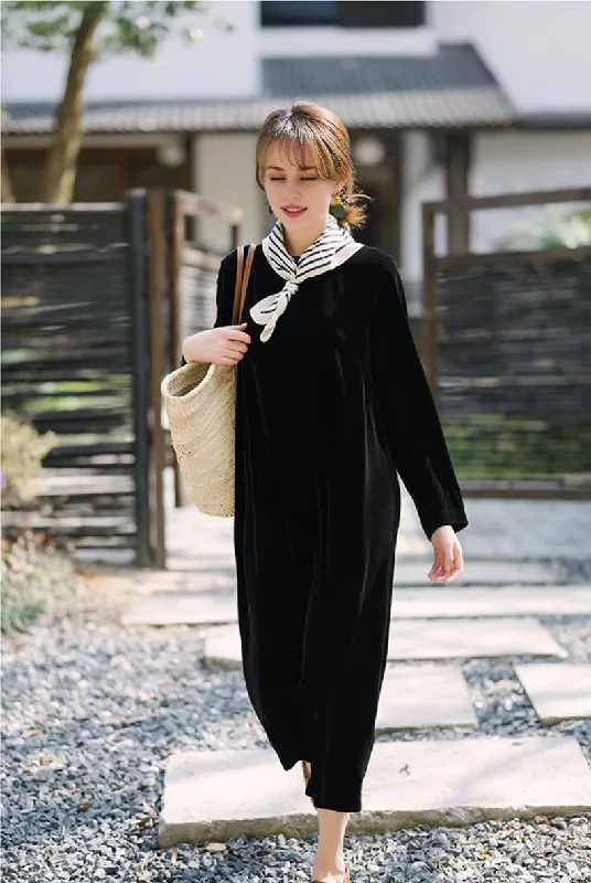 Evening Dress Velvet Dress Round Neck Long Sleeves Casual Dress Plus size Formal Dresses Wedding Guest Dress