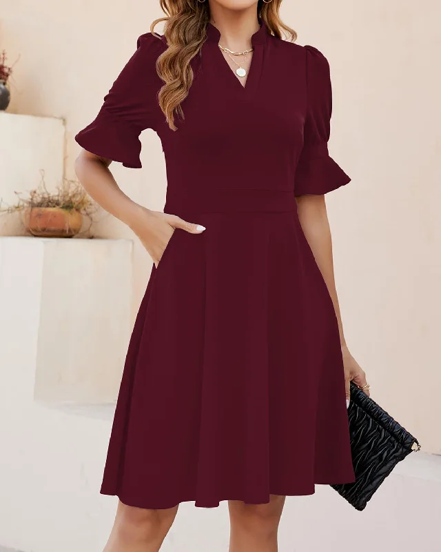 Evening Dress Womens V Neck Ruffle Short Sleeve Fit and Flare Knee Length Dresses with Pockets Formal Wear Dresses Wedding Guest Dress