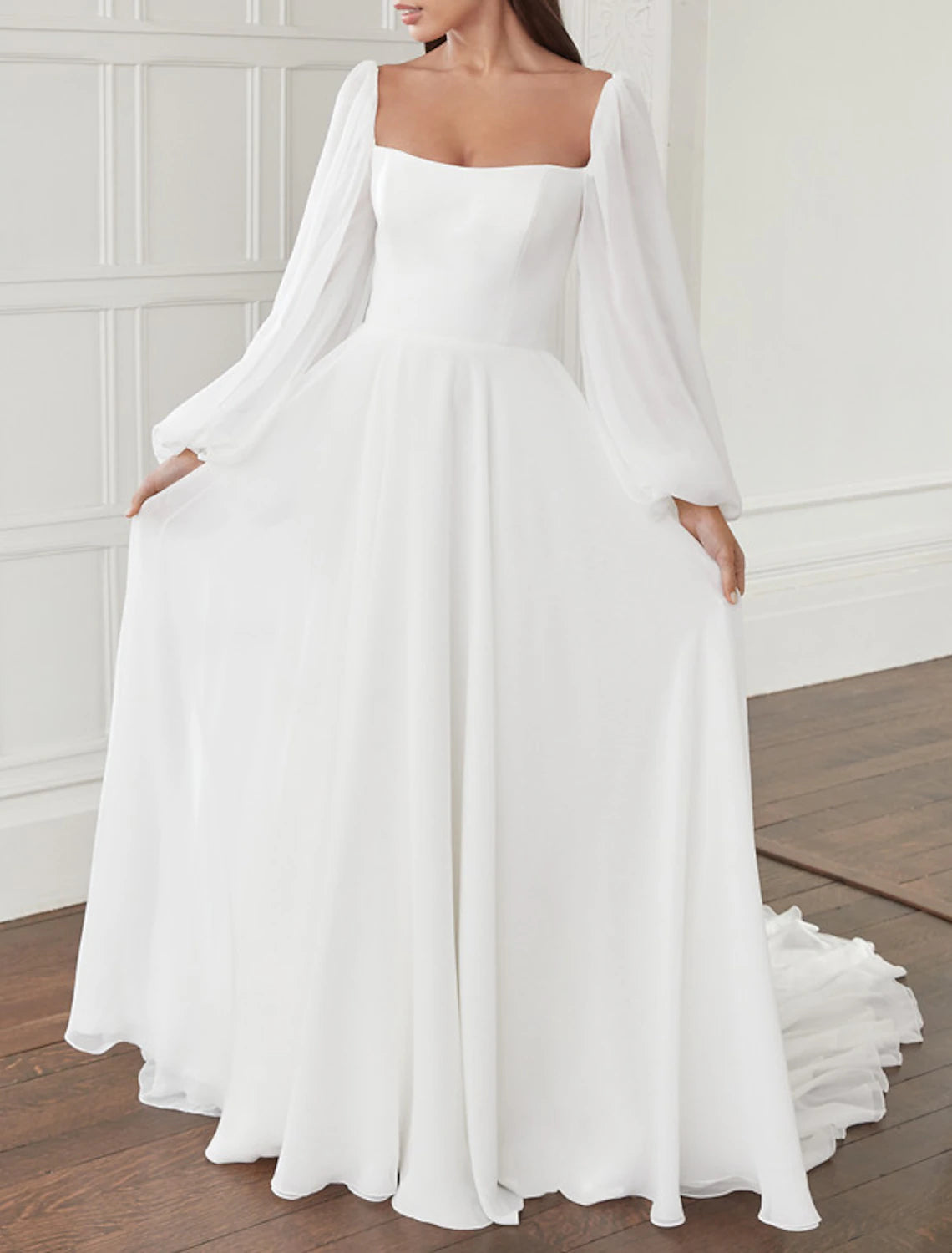 Hall Casual Wedding Dresses A-Line Square Neck Long Sleeve Court Train Chiffon Bridal Gowns With Bow(s) Solid Color