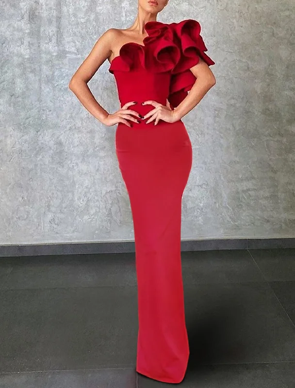 Mermaid Christmas Red Green Dress Evening Gown Celebrity Style Dress Formal Wedding Guest Floor Length Sleeveless One Shoulder Stretch Fabric with Ruffles