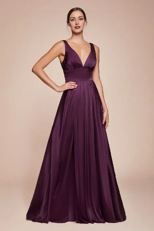 Prom Dress Satin A-Line Deep V-Neck Open Front Leg Slit Backless Formal Wedding Guest Dress