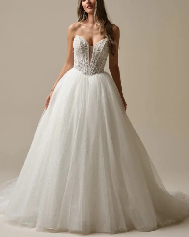 Wedding Dress Off-the-Shoulder Sleeveless Strapless Beaded Luxury Bridal Gown Formal Wear Dress