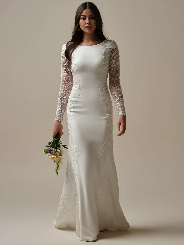 Wedding Dress Scoop Neck Long Sleeves Mermaid Beaded Crepe Floral Lace Sparkle Tulle Bridal Gown Formal Wear Dresses