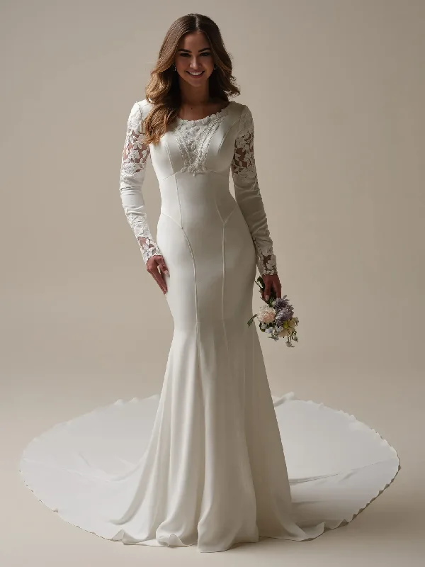 Wedding Dress Scoop Neck Long Sleeves Mermaid Sheath Crepe Floral Lace Tulle Bridal Gown Formal Wear Dress