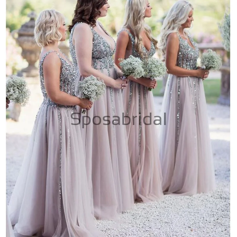 A-line Sequin Tulle V-Neck Modest Elegant Bridesmaid Dresses WG604