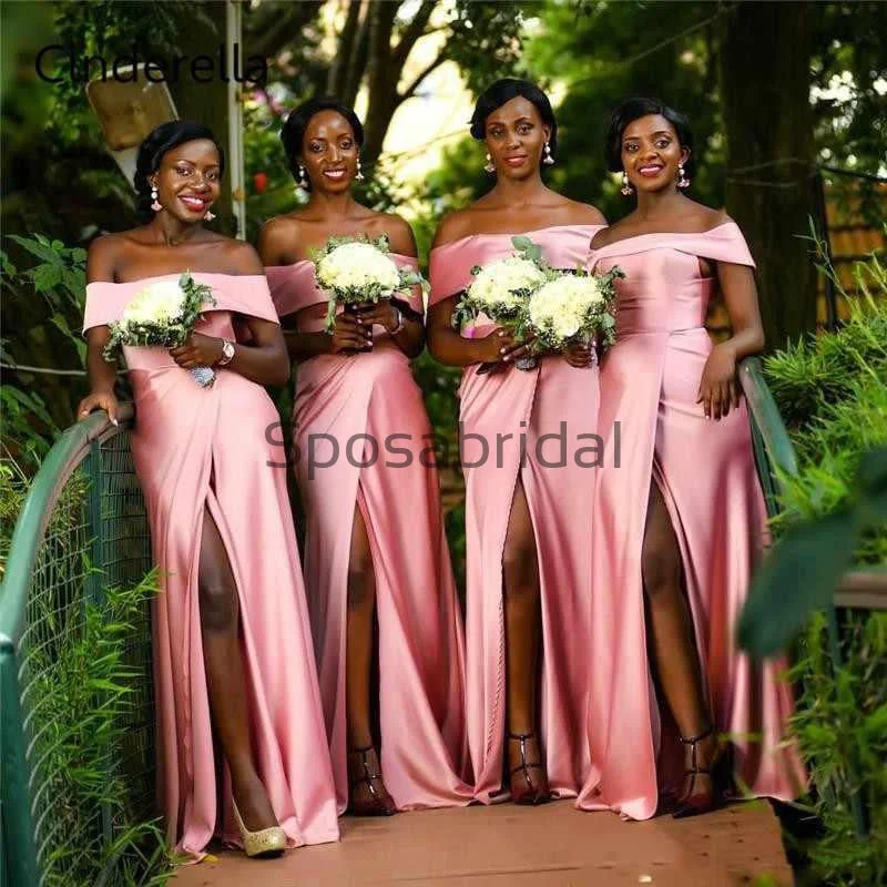 A-Line Side Slit Off The Shoulder Floor Length Bridesmaid Dresses WG606