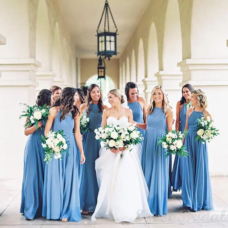 Blue Halter Bridesmaid Crew Long Bridesmaid Dresses, Elegant Formal Bridesmaid Dress WG562