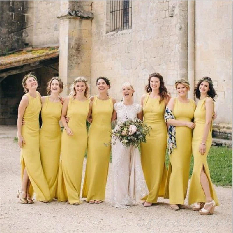 Custom Yellow Sheath Side Slit Elegant Unique Design Long Fall Bridesmaid Dresses WG570