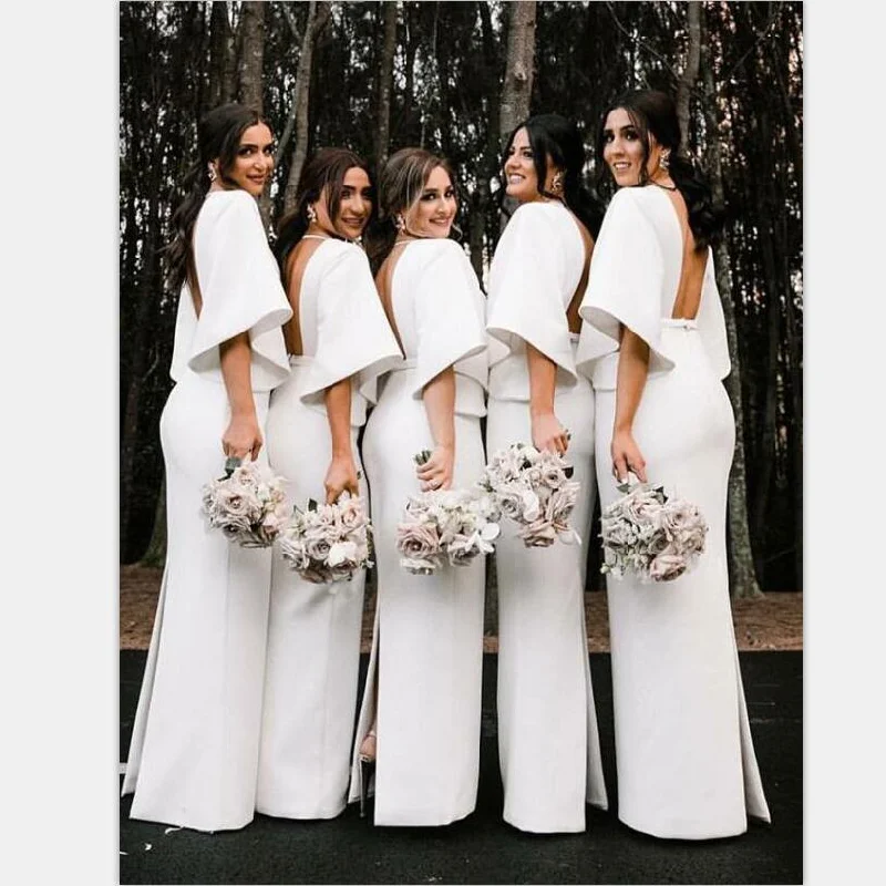 Fashion Unique Design Deep V-Neck Floor Length White Satin Bridesmaid Dresses , WG395