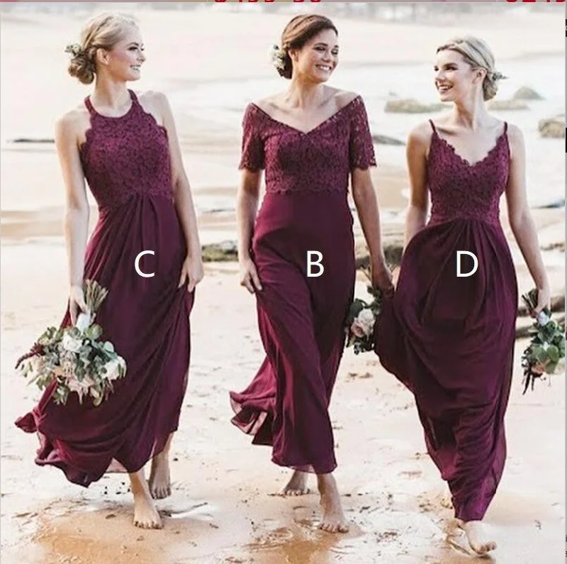 Mismatched A-Line Long Burgundy Cheap Chiffon Modest Bridesmaid Dress with Lace for Wedding guest,WG353