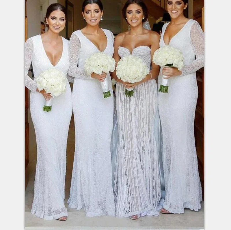 Modest Long Sleeves Sheath V-Neck Long Fulle White Lace Bridesmaid Dresses  ,  WG386