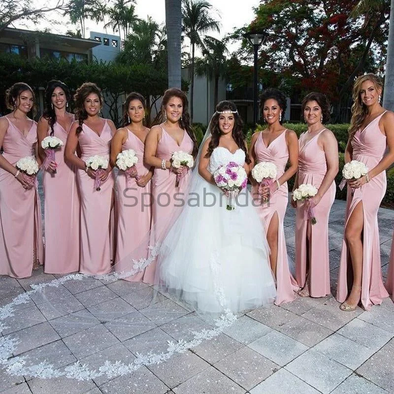 V-Neck Pink Side Slit Mermaid Simple Formal Elegant Bridesmaid Dresses  WG594