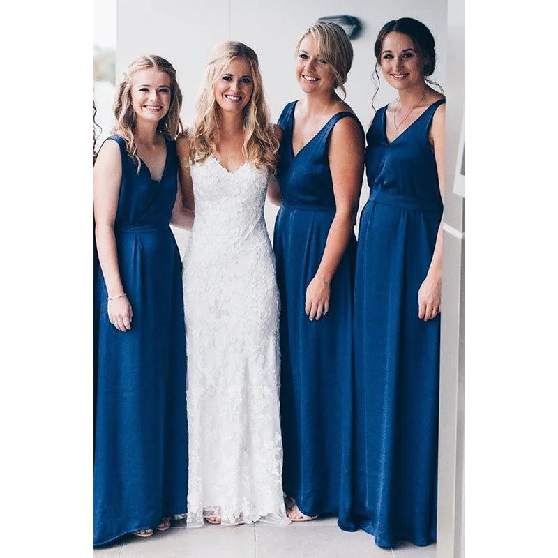 V Neck Simple Hot Sale Floor-Length Free Custom Soft  Bridesmaid Dresses, WG409